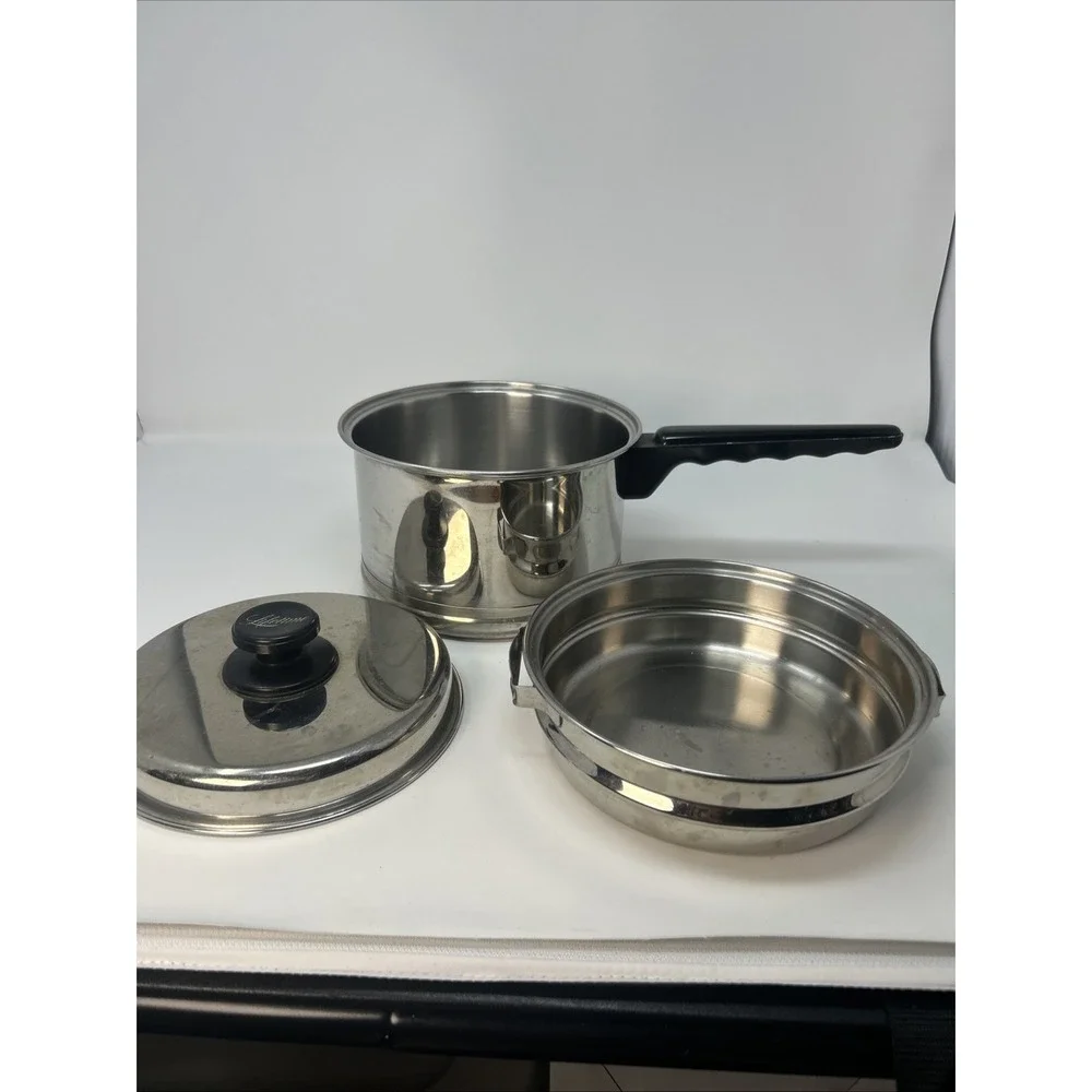Vintage Lifetime 2.5 QT Saucepan Double Boiler and Lid Stainless Steel USA 3 PC